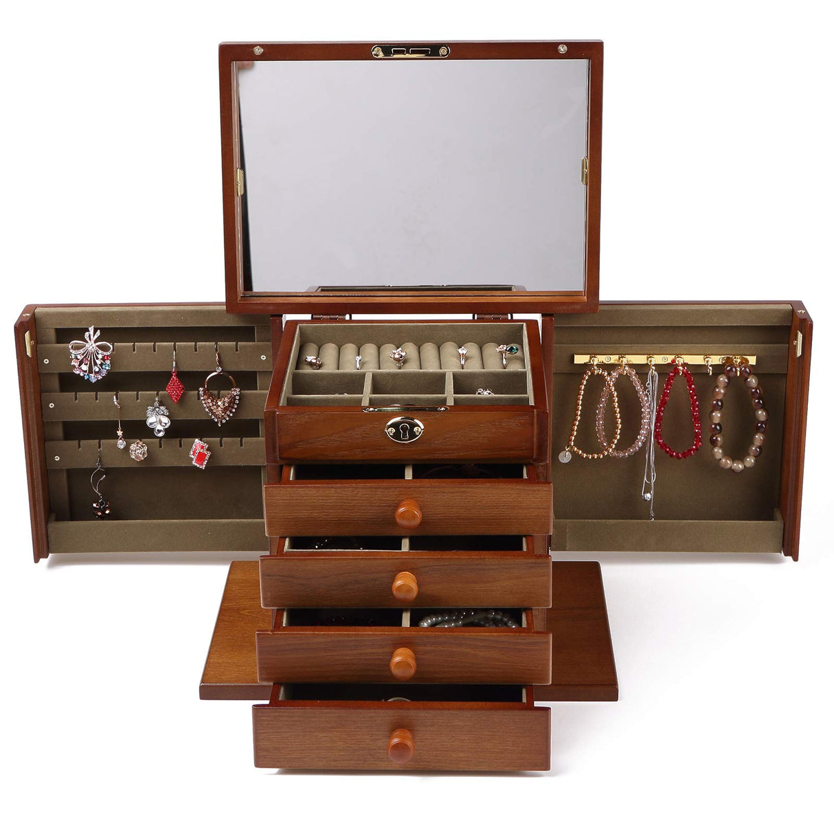 Changsuo Wooden Jewelry Box for Women, Organizer Box of Solild Wood with Combo Lock for Jewelries, Watches, Necklace, Ring, Storage Box (Dark Brown) Changsuo