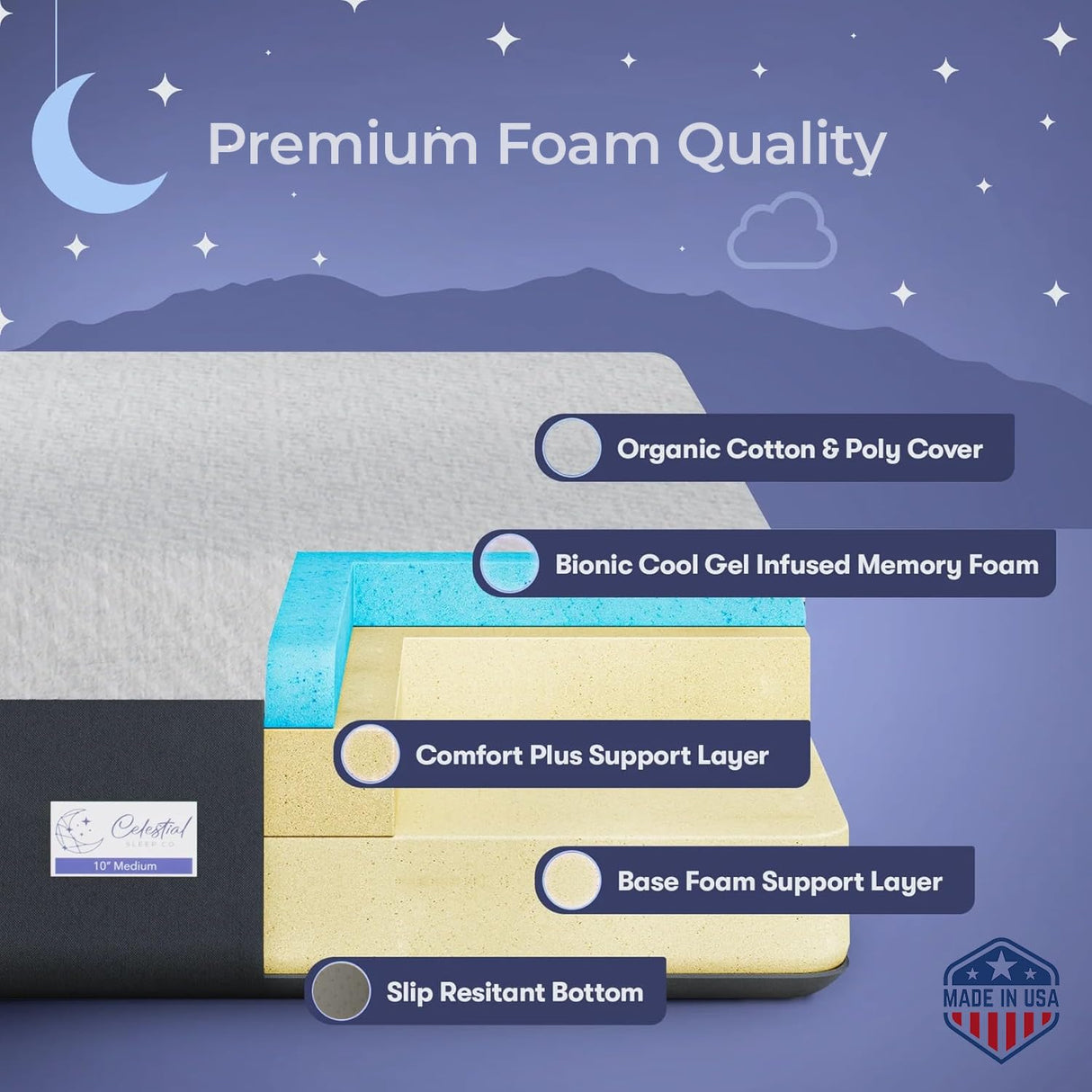 Celestial Sleep Gel Memory Foam Mattress in a Box, Made in The USA, CertiPUR-US Bed, 10 inch Medium - King Celestial Sleep