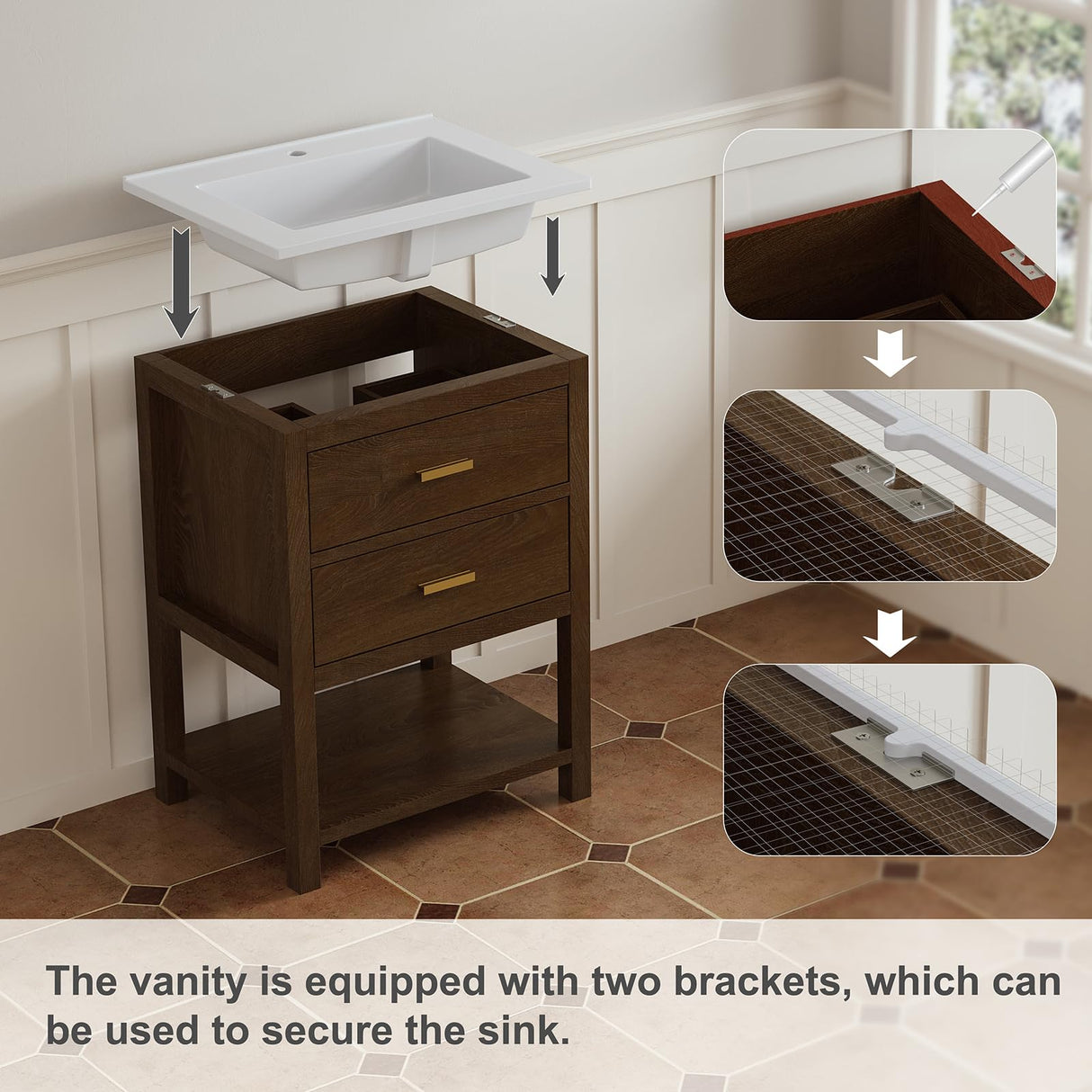 DELUXE LIVING 24 Inch Bathroom Vanity with Sink, Farmhouse Storage Cabinet with Drawers & Open Storage Shelf, Easy Assembly, Adjustable Feet, Walnut DELUXE LIVING