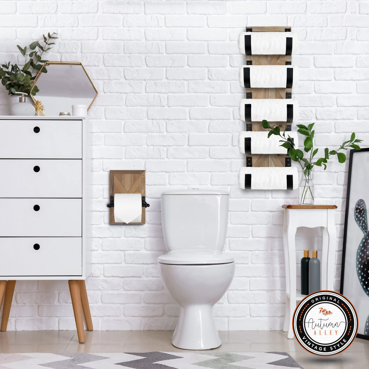 Autumn Alley Rustic Farmhouse Towel Rack for Rolled Towels – Stunning Barn Wood Farmhouse Bathroom Decor for Wall – Expertly Inlaid Wood with Matte Black Bar for Western Bathroom Decor Autumn Alley