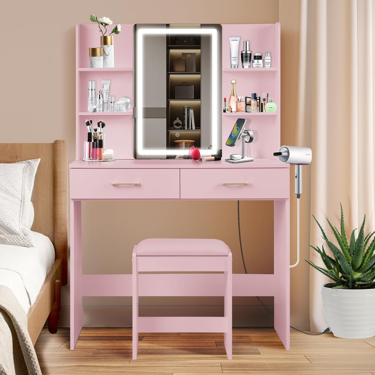 QUALIKRAFT Vanity Set with Mirror and Stool and Lights, Vanity Desk with Mirror & Power Outlet, Vanity Desk with Drawers, Pink Vanity with Lighted Mirror, Dressing Table Set with 2 Large Drawers QUALIKRAFT