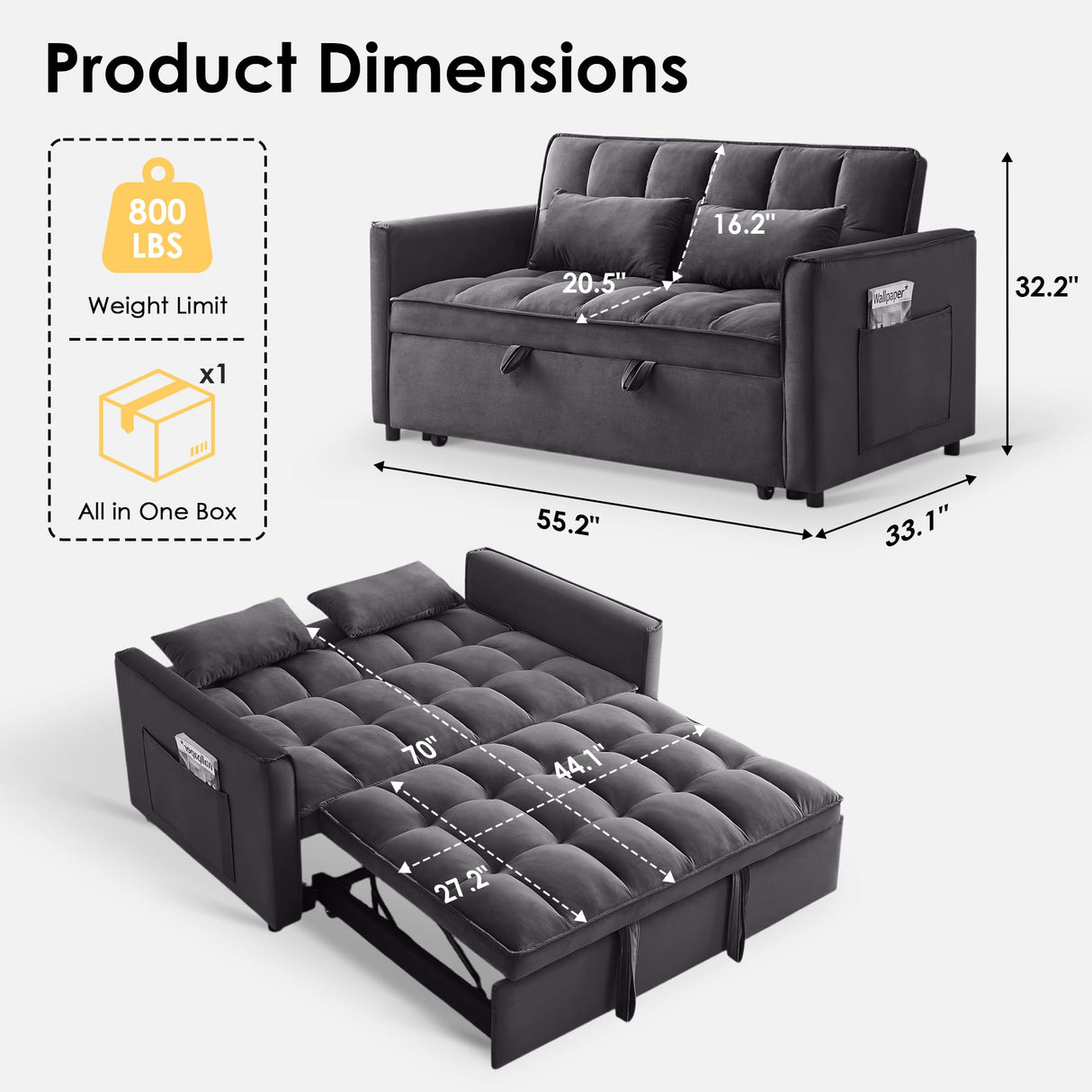 Dreamzie 3 in 1 Convertible Sleeper Sofa Bed, Pull Out Couch for Living Room with Side Pocket, Loveseat Sleeper with Adjustable Backrest (Fabric, Dark Grey) Dreamzie