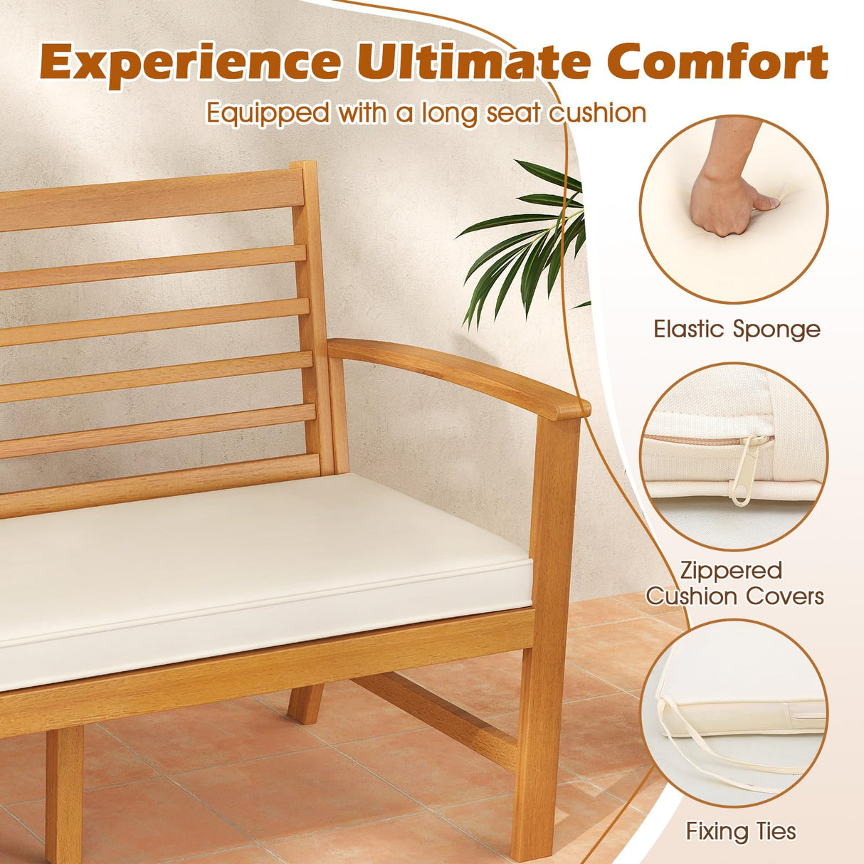 Tangkula 64 Inch Patio Acacia Wood Bench, 3-Seat Extra Long Chair with Cushion, Slatted Seat & Backrest, 3-Person Outdoor Wood Bench for Backyard, Porch, Balcony & Garden Tangkula