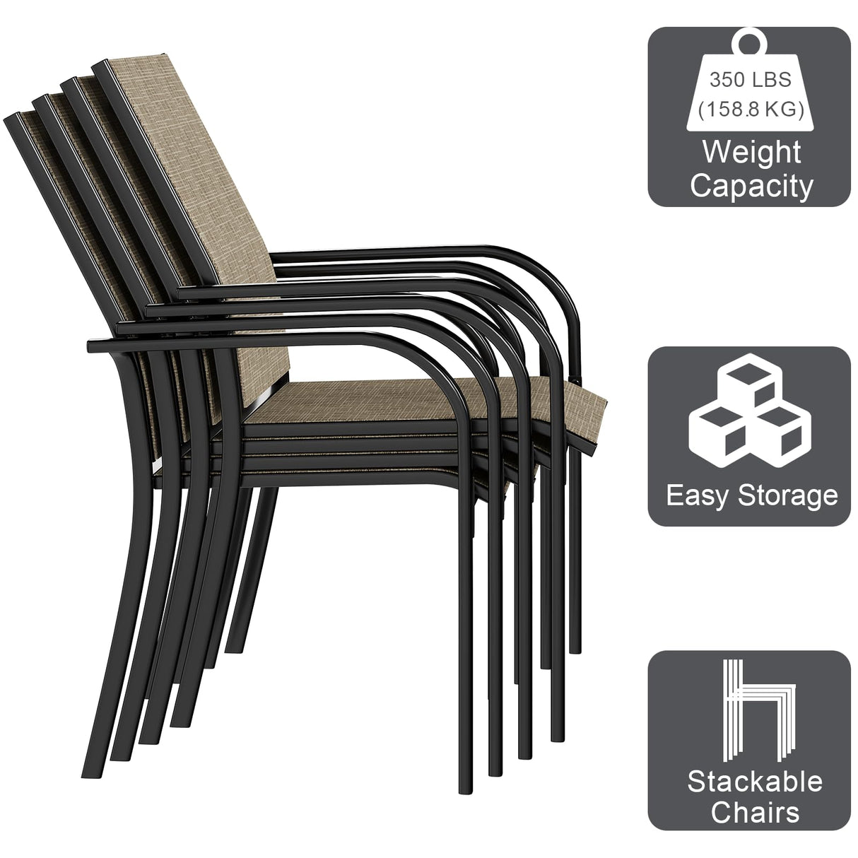 AECOJOY 5 Piece Patio Table and Chair Set for 4, Outdoor Dining Set Includes 51.2" Rectangle Table with 1.73" Umbrella Hole, 4 Stackable Textilene Chairs, for Garden, Backyard and Poolside, Dark Gray AECOJOY