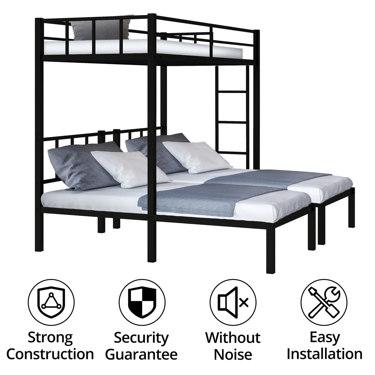 Metal Triple Bunk Bed, Detachable Triple Bunkbed for 3 with Guardrails & Ladder, Twin Over Twin & Twin Bunk Bed Can Be Separated into 3 Twin Beds for Teens, Adults, No Box Spring Needed, Easy Assembly LLS