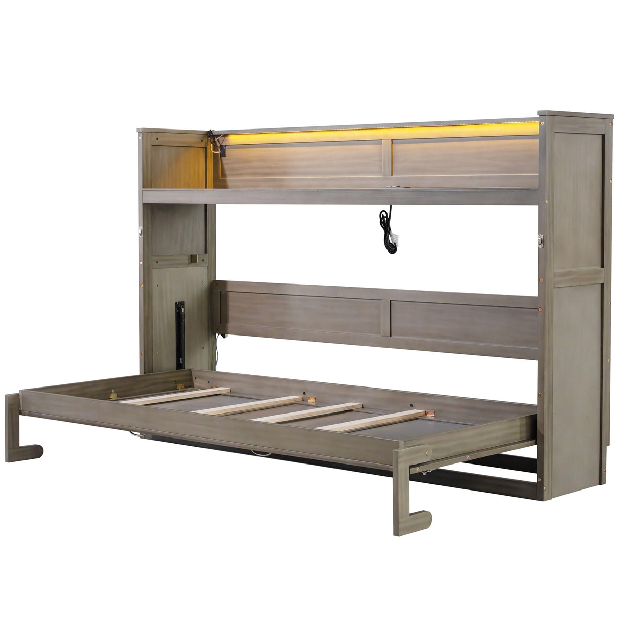 LUMISOL Twin XL Size Horizontal Murphy Bed, Murphy Bed with Desk, LED Light and USB Charging Station, Space-Saving Cabinet Bed, Gray Wash LUMISOL