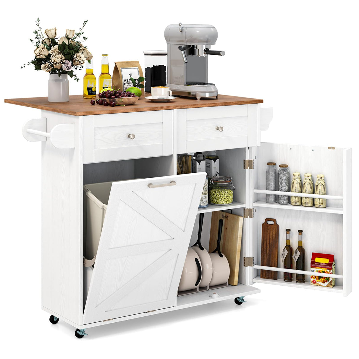 Giantex Kitchen Island Cart with Hidden Tilt Out Trash Can Cabinet, Drop Leaf, 2 Drawers, Towel Rack, Rolling Mobile Breakfast Bar Table, Wood Kitchen Storage Cart on Wheels (White & Natural) Giantex