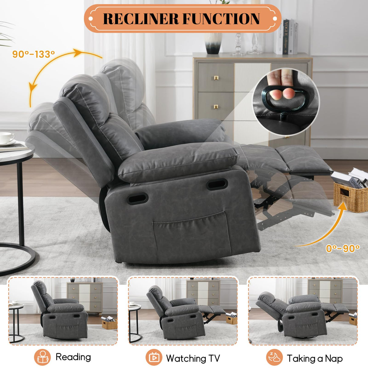 Massage Recliner Chair for Adults,360 Degree Manual Swivel Rocker Recliner with Heat and Vibration,PU Leather Glider Rocking Reclining Chair for Home Theater Seating,Lounge,Nursery,Living Room(Grey) JEEOHEY