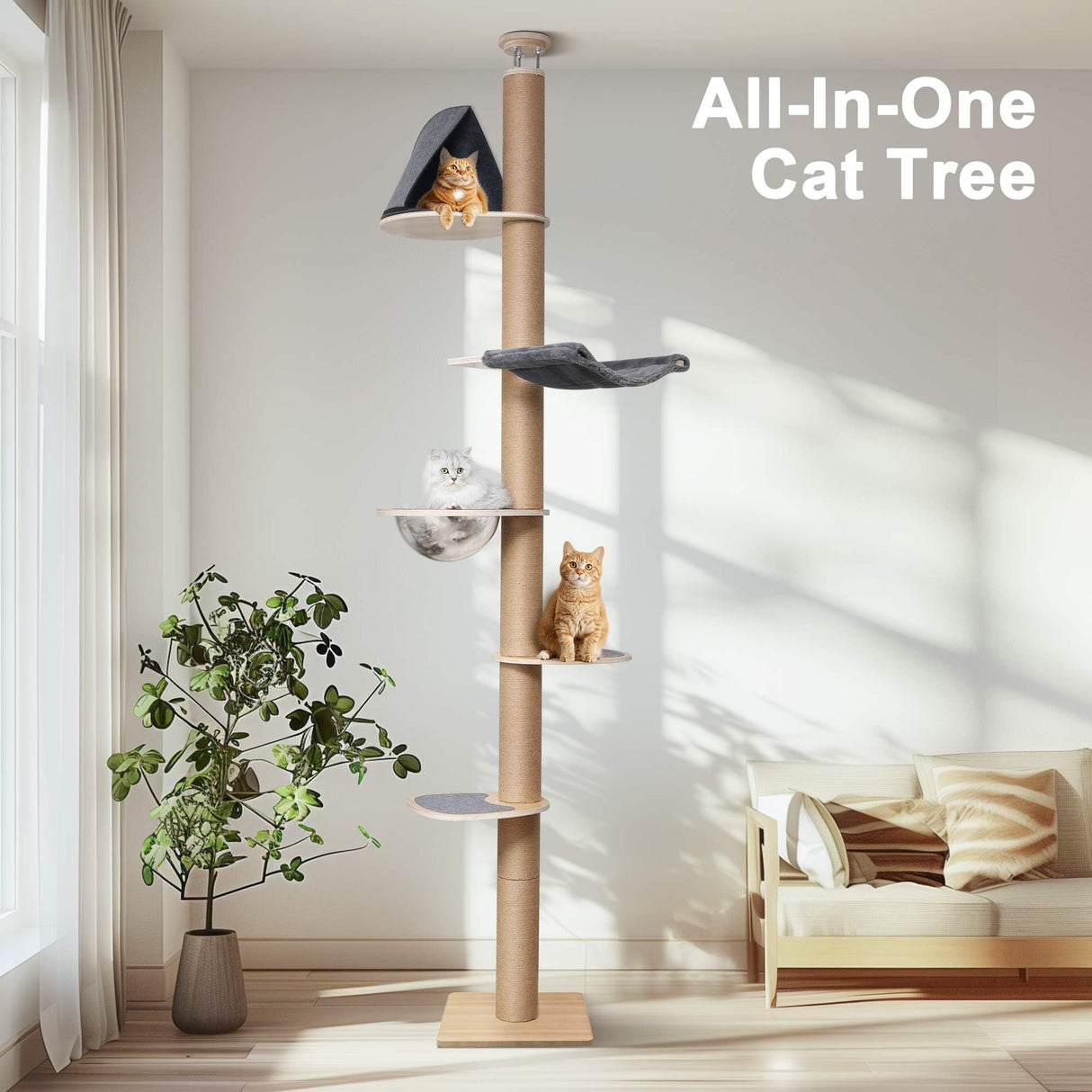 FUKUMARU Floor to Ceiling Cat Tree, 6 Level Adjustable Height (5.7-9.8 ft) Climbing Tower with Thickened Scratching Posts, Cat Activity Center with Transparent Capsule and Cozy Hammock FUKUMARU