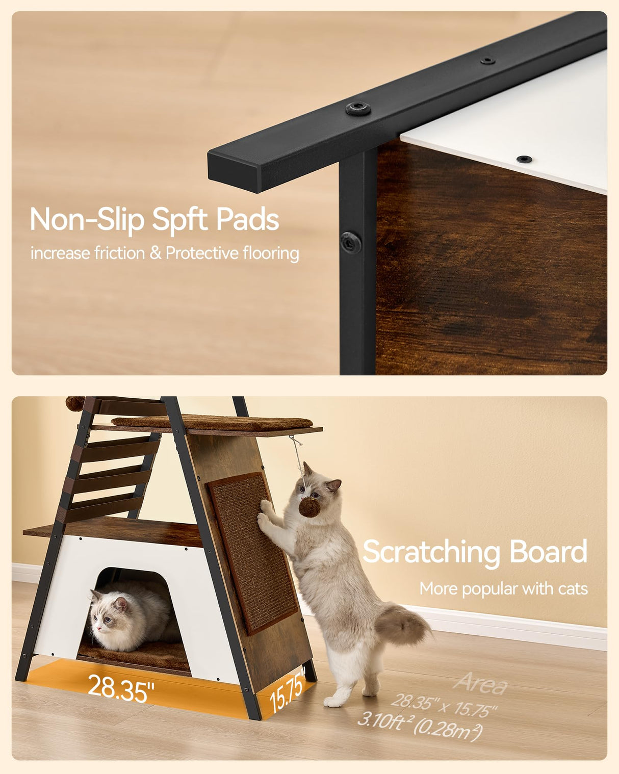 FourFurPets 72.4" Modern Cat Tower for Indoor Cats - Multi-Level Condo With Caves, Tall Tree With Scratching Board, Wooden Tower With Large Perch, Removable Pads, Rustic Brown FourFurPets