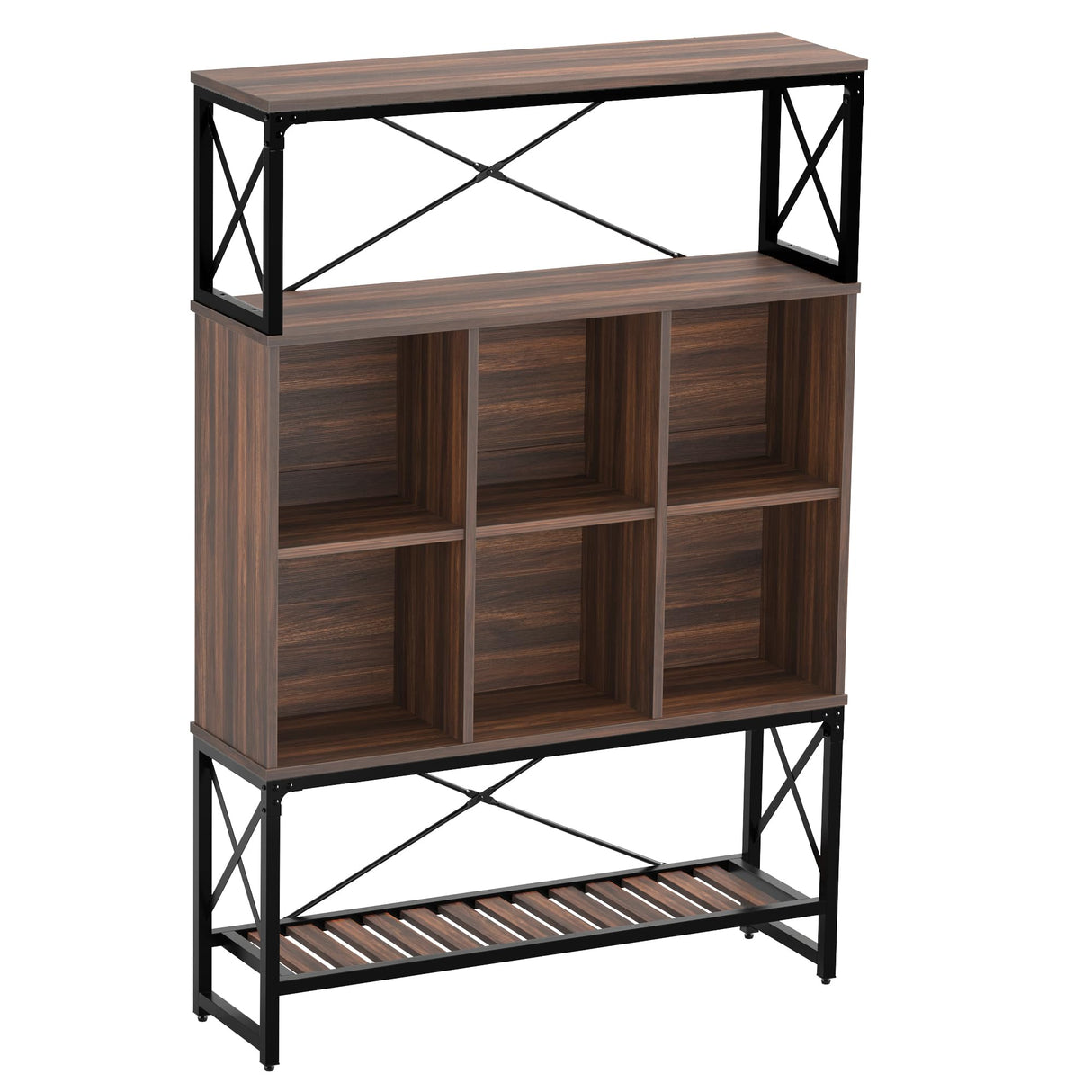 Bestier 43 Inch Wide Bookshelf 5 Tier, Mid-Century Modern Bookcase with LED Light, 6 Cubes, 3 Open Storage Shelves Adjustable and Anti-toppling Design for Living Room & Study Room, Walnut Bestier