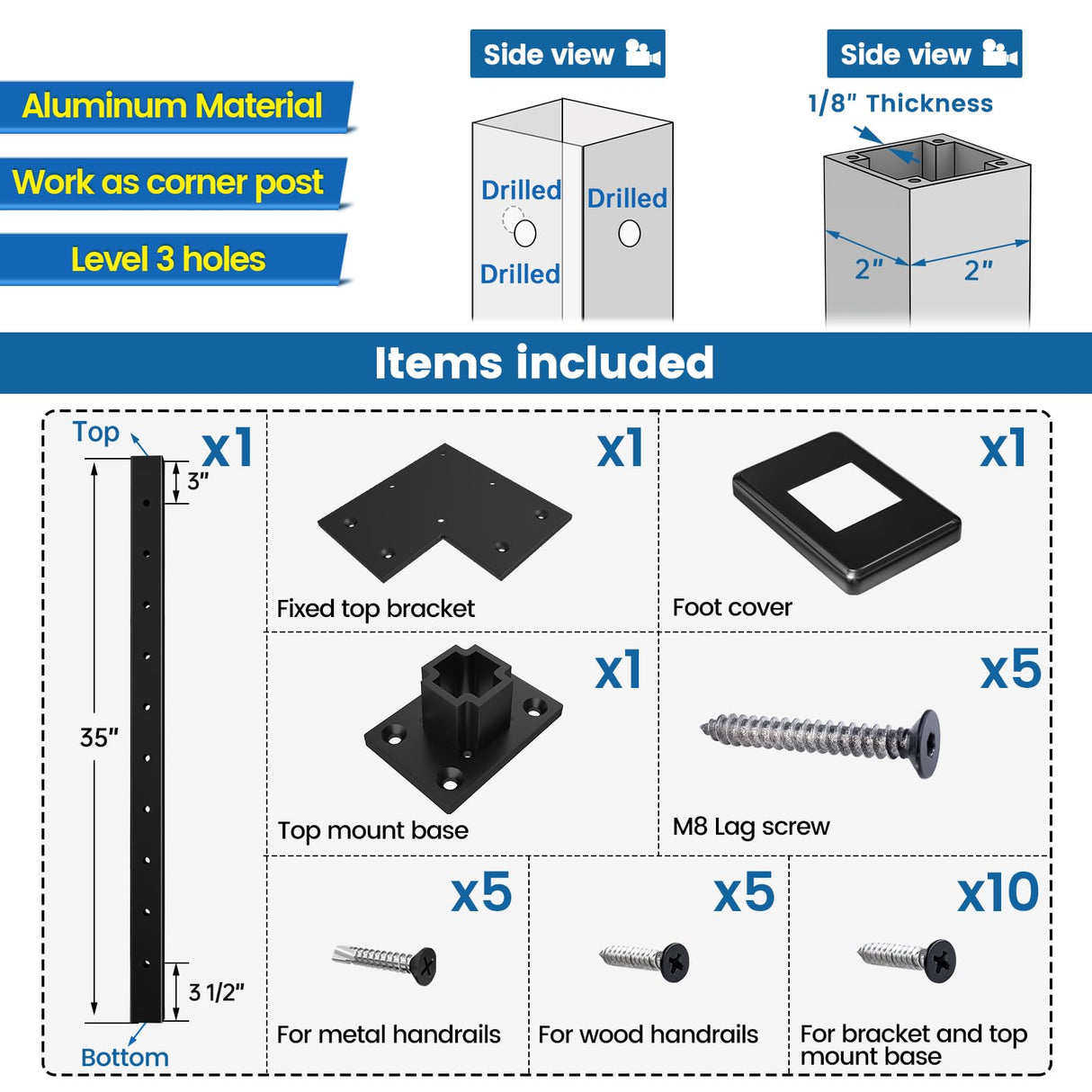 Muzata Aluminum Black Corner Cable Railing Post 36 Inch 36"X2"x2" T-drilled One-Post Corner Solution Surface Mount Cable Railing System Kit Indoor Outdoor Seaside with User Guide PD02 B3AS Muzata