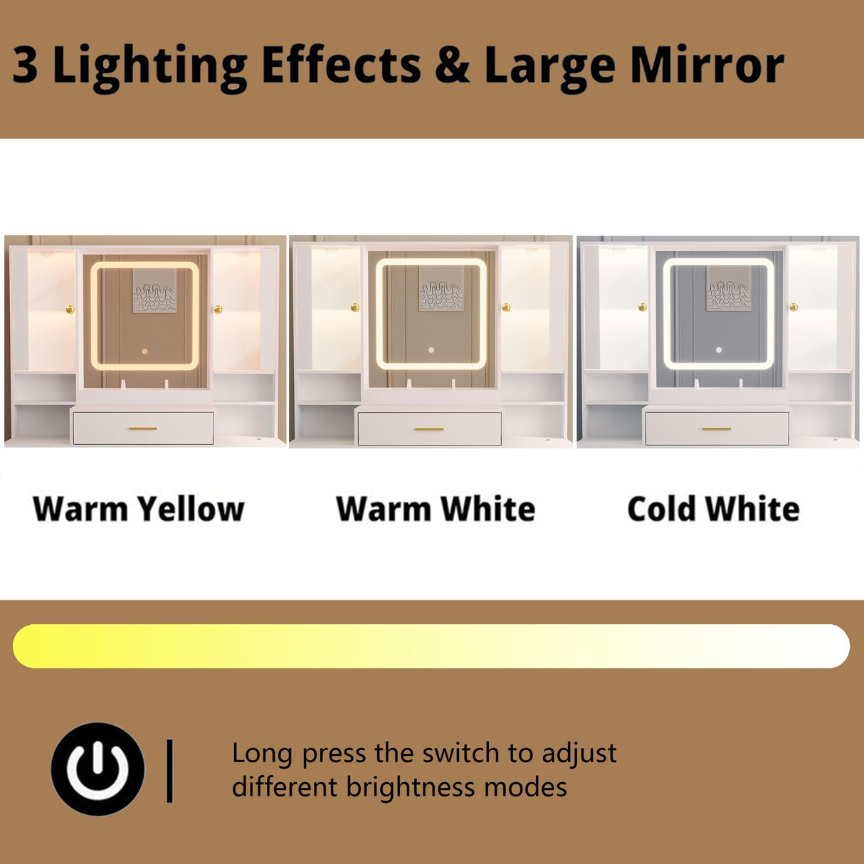 BORNOON Makeup Vanity with LED Light Strip Mirror and Chair, 7 Drawers & 2 RGB Cabinets White Vanity Makeup Desk with Power Strip, Adjustable LED Lighting, and Cushioned Stool for Women, Girls, Teens BORNOON