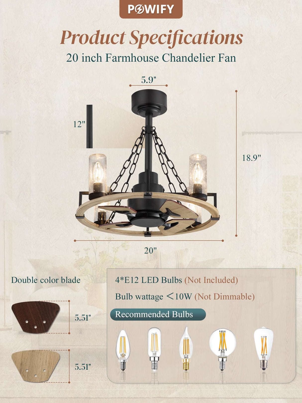 POWIFY 20 Inch Wagon Wheel Chandelier with Fan, Farmhouse Chandelier Fan with Remote, Quiet Reversible Motor, Dual Finish Blades, Black Rustic Ceiling Fan for Bedroom Dining Room Living Room Kitchen POWIFY