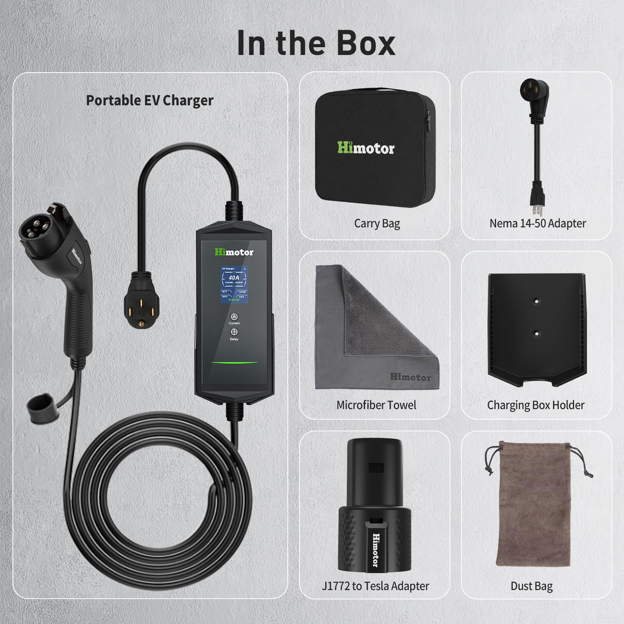 Himotor EV Charger Level 2, 16-40A 110-240V, Include J1772 to Tesla Adapter, Tesla Charger, with 26ft Charge Cable and NEMA 14-50 Plug, with Function of Adjustable Current and Reserve Charging Time HIMOTOR