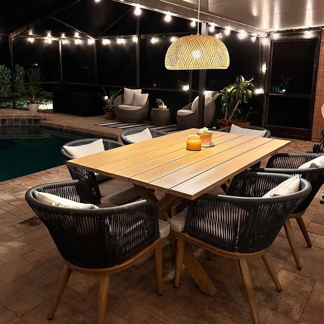 PURPLE LEAF 7 Pieces Patio Dining Set Wicker Outdoor Furniture Rectangular Table and Chairs Set for Garden Deck Teak-Finish Aluminum Frame Backyard Kitchen Set, Cushions and Pillows Included PURPLE LEAF