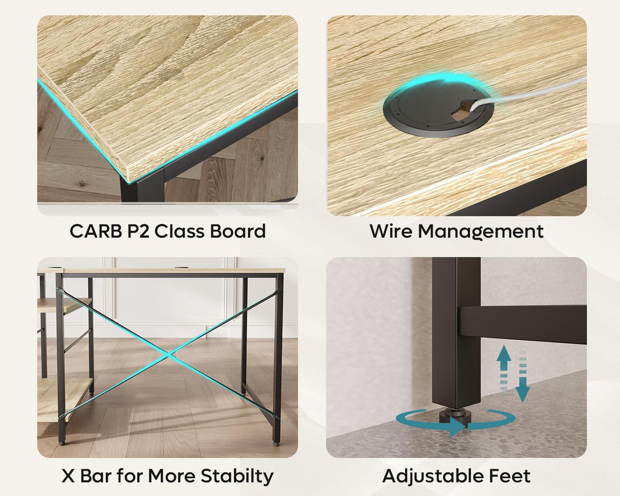 Bestier 95.2” L Shaped Desk, Reversible Corner Computer Desk or 2 Person Long Table with Adjustable Shelves, Large Writing Study Workstation with 3 Cable Holes - Oak Bestier