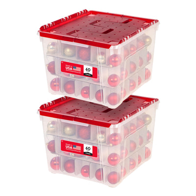 IRIS USA Ornament Storage Box with Attached Lid, Stores 75 Ornaments per Bin, 2-Pack, Stackable Durable Christmas Storage Organization Container Bin for Holiday Decorations and Accessories, Clear/Red