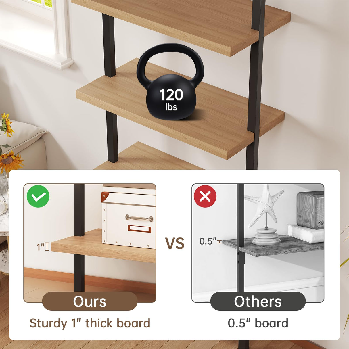 Airynee Ladder Bookshelf, 5 Tier Book Shelf, Wall Mount Bookshelves and Bookcases with Metal Frame, Anti Dump, Tall Bookcase for Living Room, Home Office, Bedroom Oak 2pcs Airynee