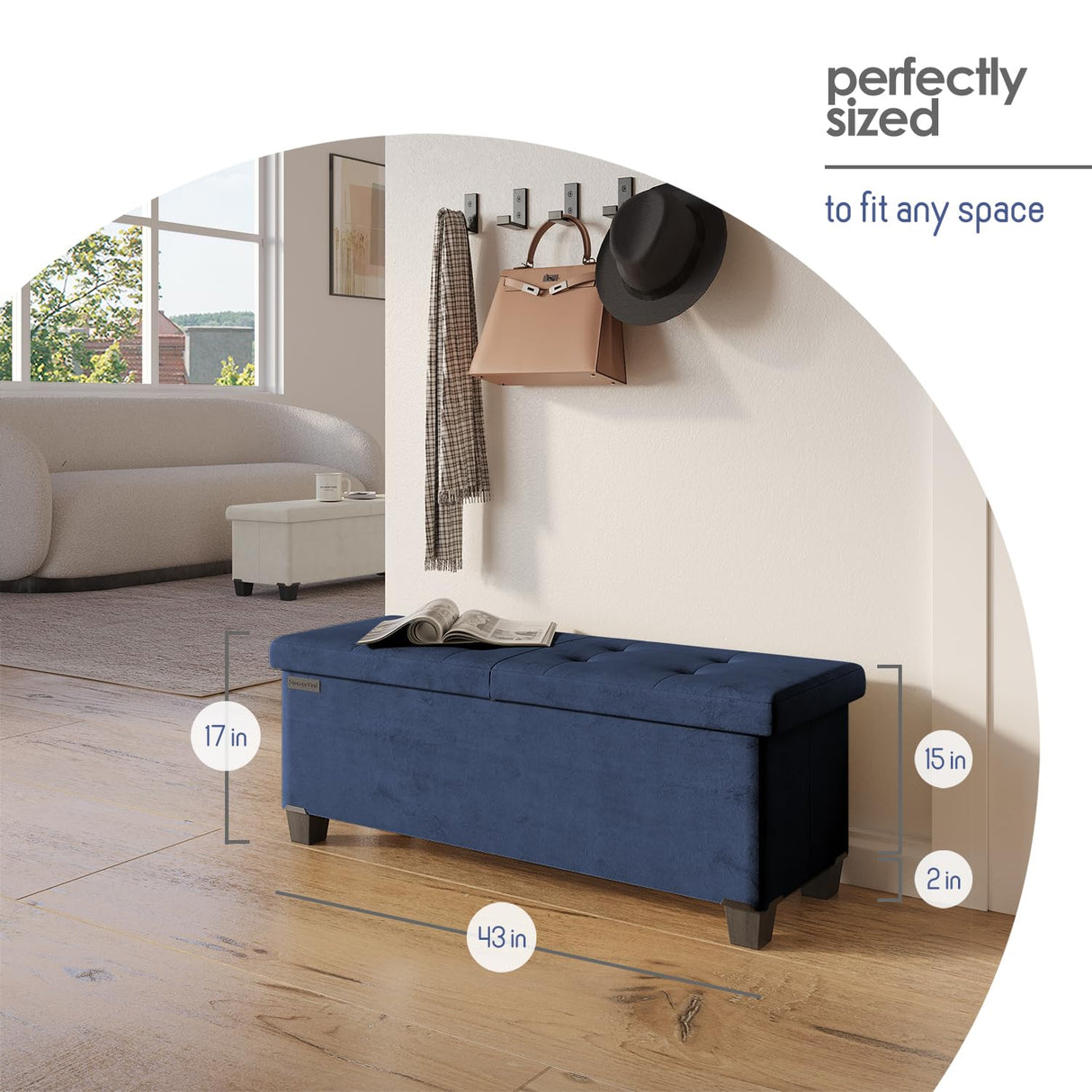 STORAGEBUD Storage Ottoman Bench with Bins, 43-in Storage Bench for Bedroom End of Bed, Folding Foot Rest Ottoman for Living Room Max 660lbs, Velvet Ottomans, Blue STORAGEBUD