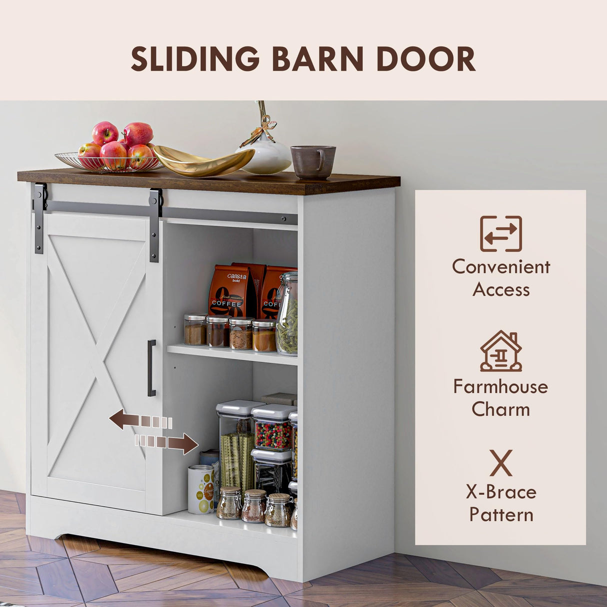 HOMCOM Farmhouse Coffee Bar Cabinet, 33" Buffet Sideboard with Sliding Barn Door and Adjustable Shelf, Kitchen Buffet Cabinet, White HOMCOM