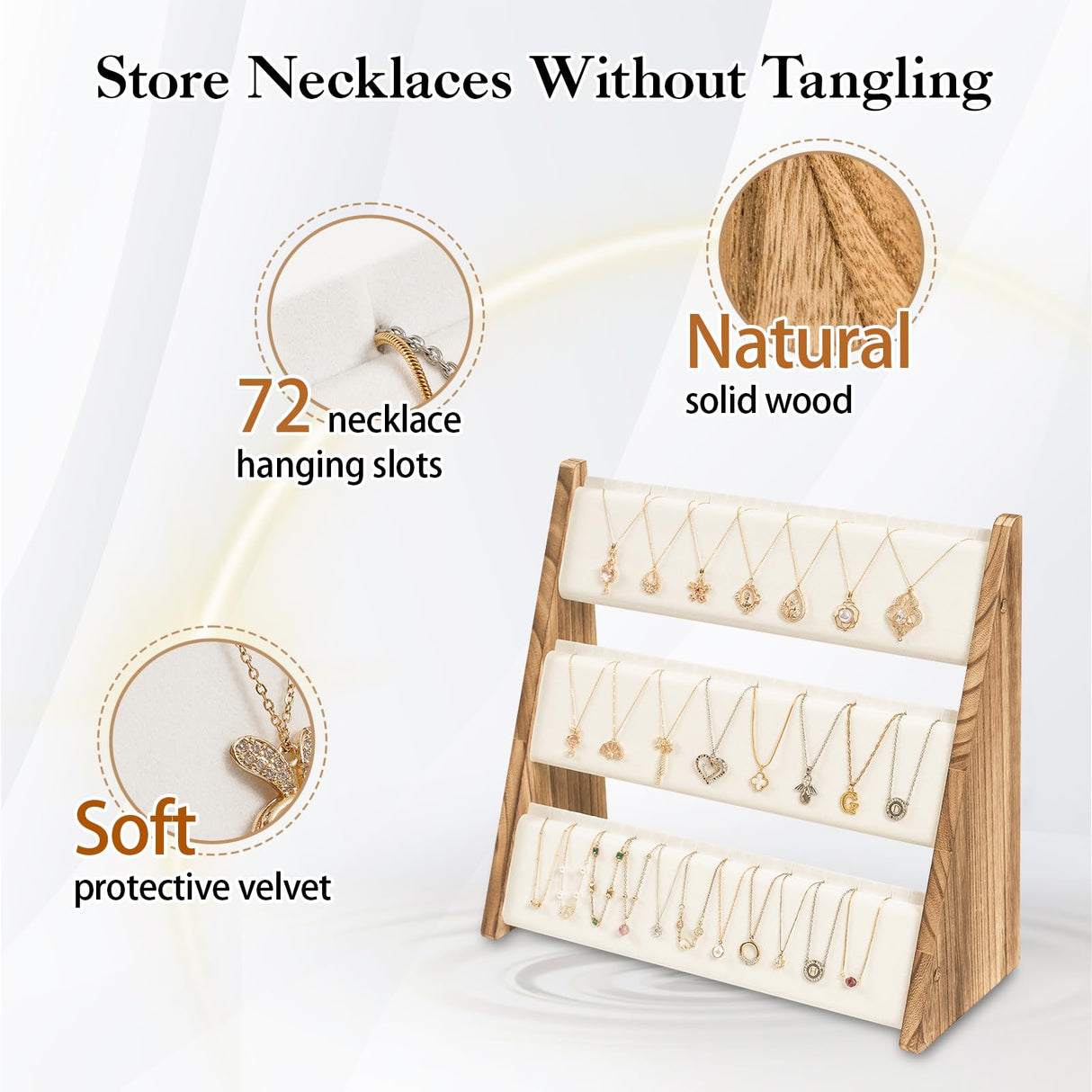 Yoimori Necklace Holder, 3 Tier Necklace Organizer Stand with White Velvet, Wood Necklace Display Stands for Selling, Jewelry Display Stand for 72 Necklaces Bracelets (Brown) Yoimori