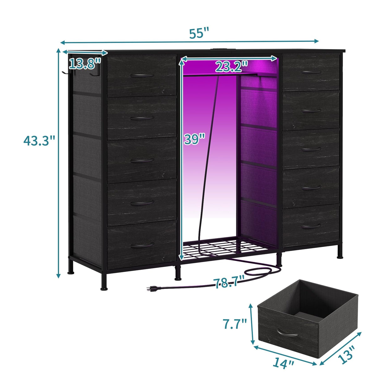 LUMTOK 55" W 2-in-1 Dresser with Hanging Rack, 10 Drawers Dresser for Bedroom,Dressers with Fabric Drawers,LED Lights, Charging Station and Hanging Racks for Bedroom LUMTOK