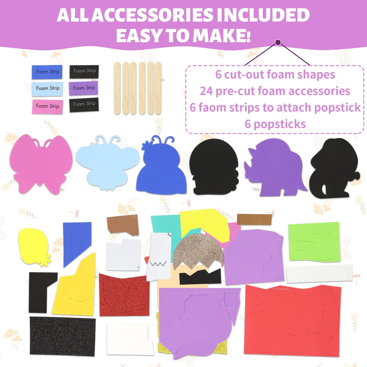 VKPI Make 6 Popstick Puppets Craft Kits for Kids, Foam Crafts, Story Time Toys for Ages 4+ Toddler, Dinosaurs, Butterfly, Preschool Projects Art Crafts, Birthday Holiday Gift VKPI