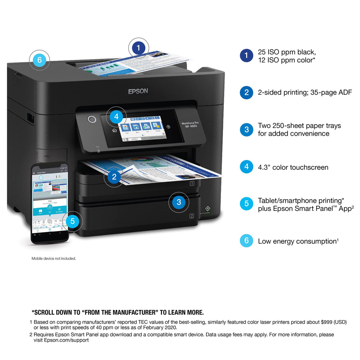 Epson Workforce Pro WF-4833 Wireless All-in-One Color Inkjet Printer, Black - Print Scan Copy Fax - 25 ppm, 4800 x 2400 dpi, 4.3" Touchscreen, Auto 2-Sided Printing, 50-Sheet ADF, 500-Sheet, Ethernet Epson