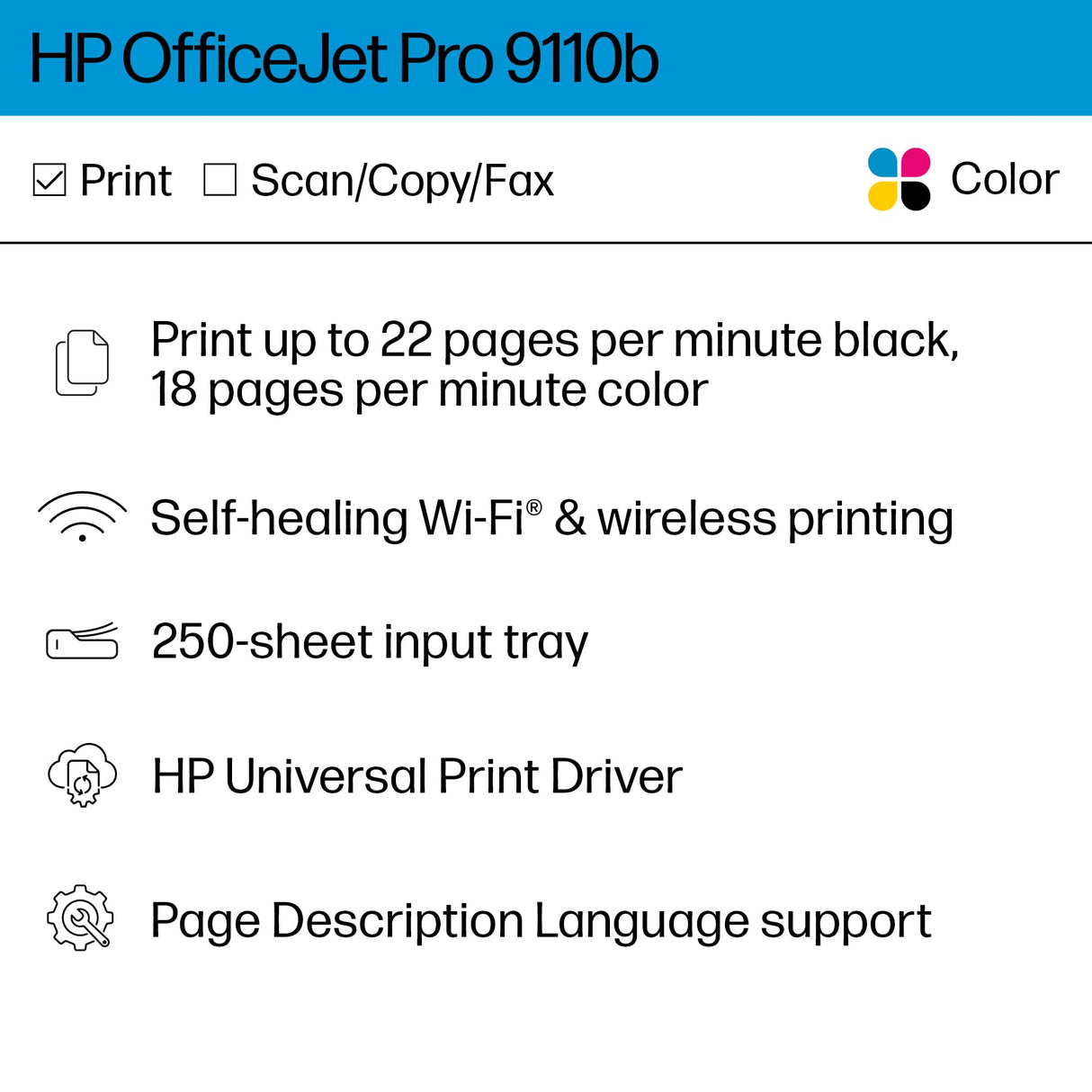 HP OfficeJet Pro 9110b Wireless Color Inkjet Printer, Print, Duplex Printing Best-for-Office (5A0S1A) HP