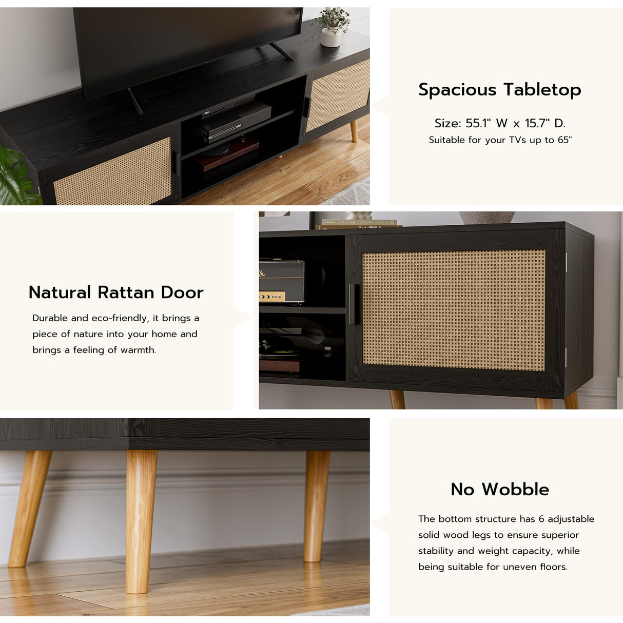 ZttRiee TV Stand for TVs up to 65'', Entertainment Center with Rattan Door, Shelves & 2 Cabinets, Boho Media TV Console for Living Room, Bedroom, Black ZttRiee