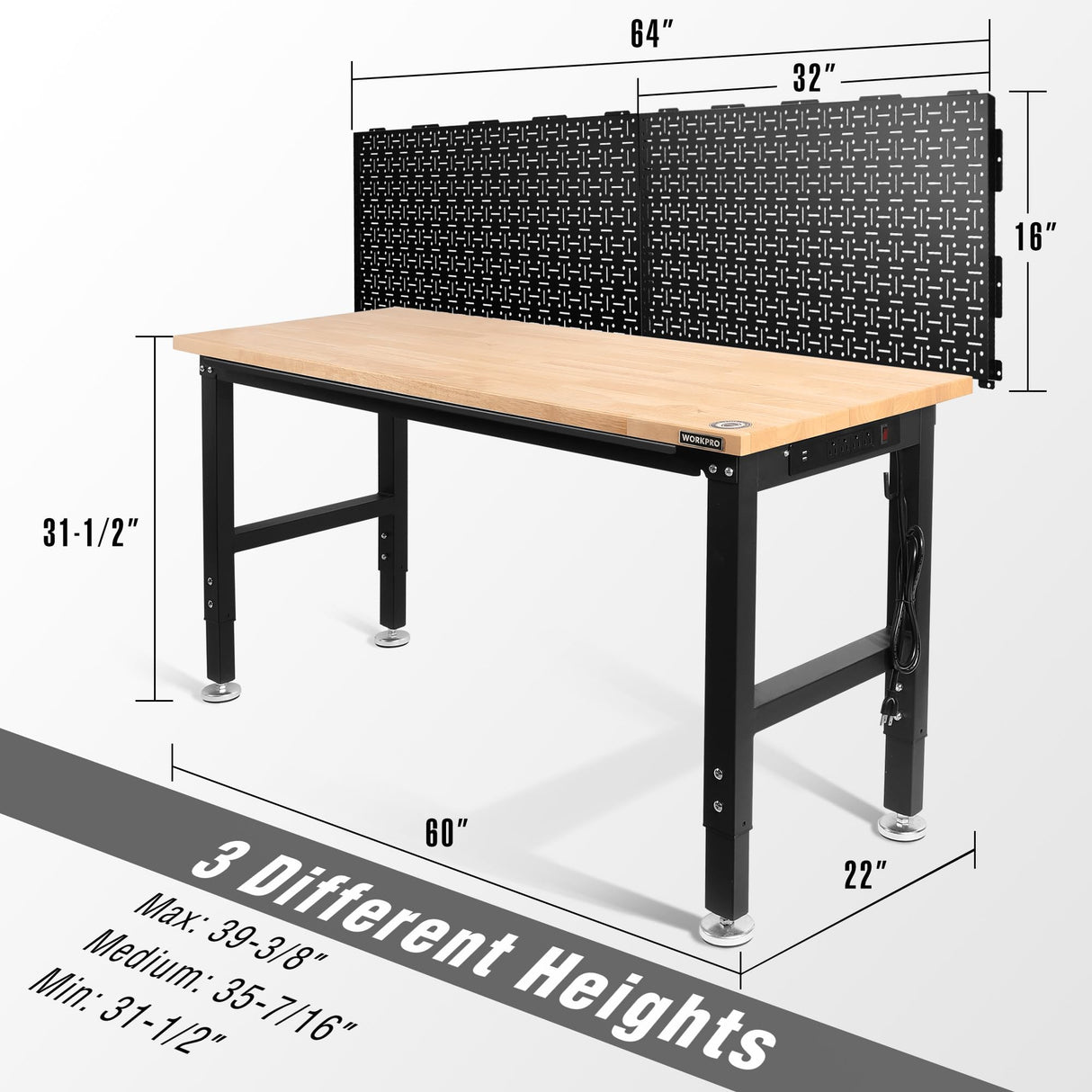 WORKPRO 60" Adjustable Workbench with 2 Pack Metal Pegboard, Rubber Wood Top Heavy-Duty Workstation, 2000 LBS Load Capacity Hardwood WORKPRO
