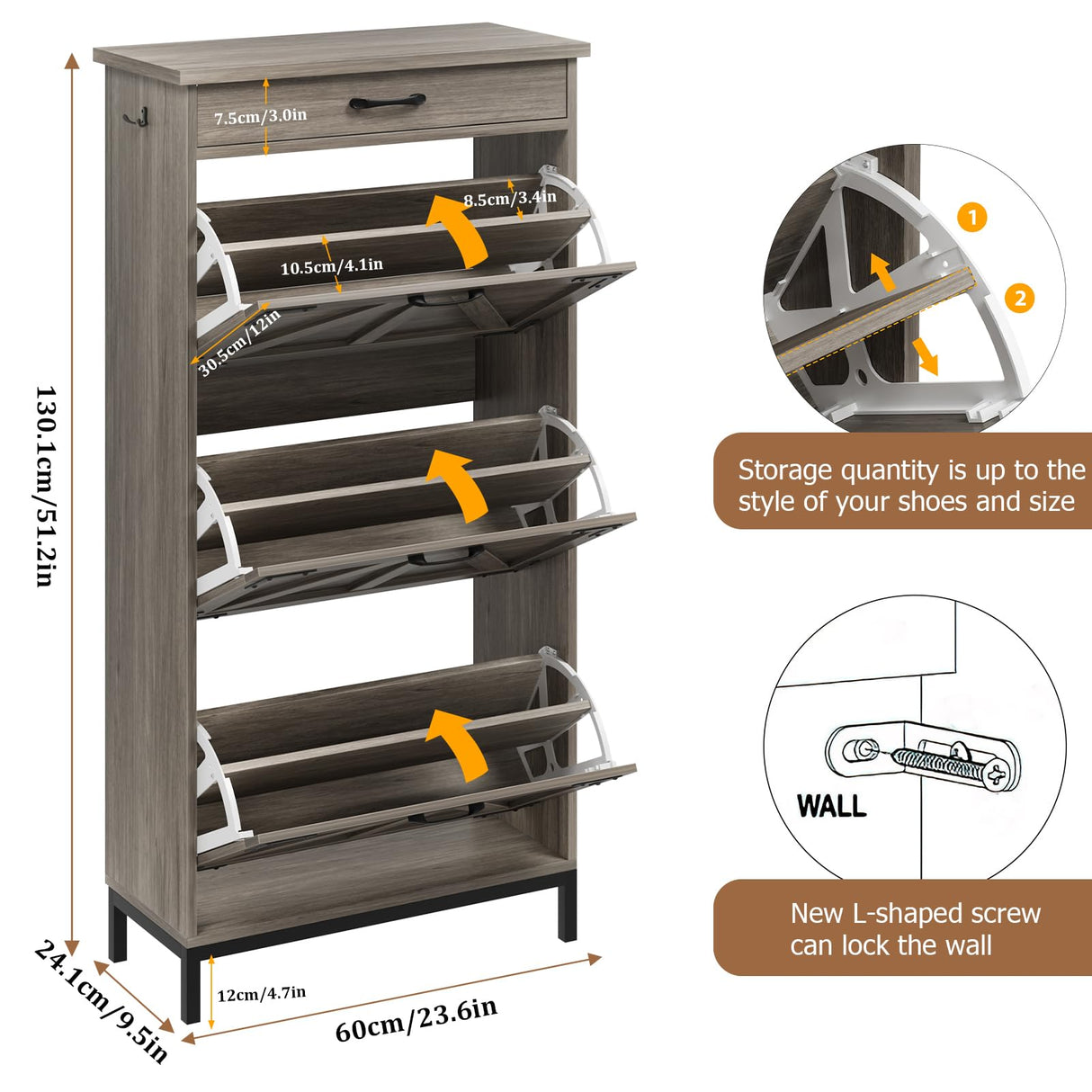 Jocoevol Shoe Cabinet Storage for Entryway with 3 Flip Drawers and 1 Top Drawer, Freestanding Hidden Narrow Shoe Cabinet with Metal Legs for Foyer, Hallway (Grey) Jocoevol