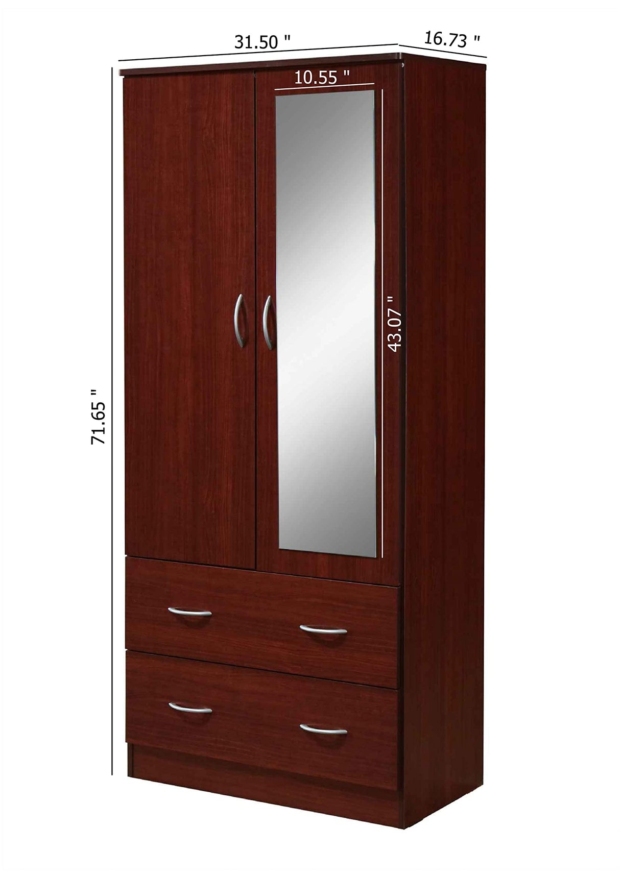 HODEDAH 2 Door Wood Wardrobe Bedroom Closet with Clothing Rod inside Cabinet, 2 Drawers for Storage and Mirror, Mahogany Hodedah