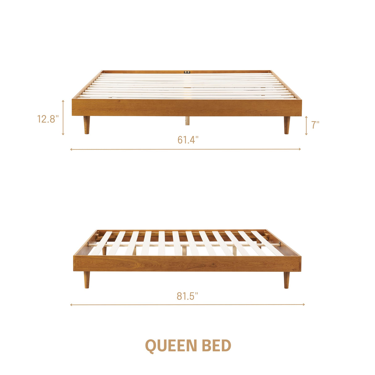 NTC Fly Queen Wooden Bed Frame - Solid Oak & Rubber Wood with Silent Slats, Rustic Oak Finish NTC