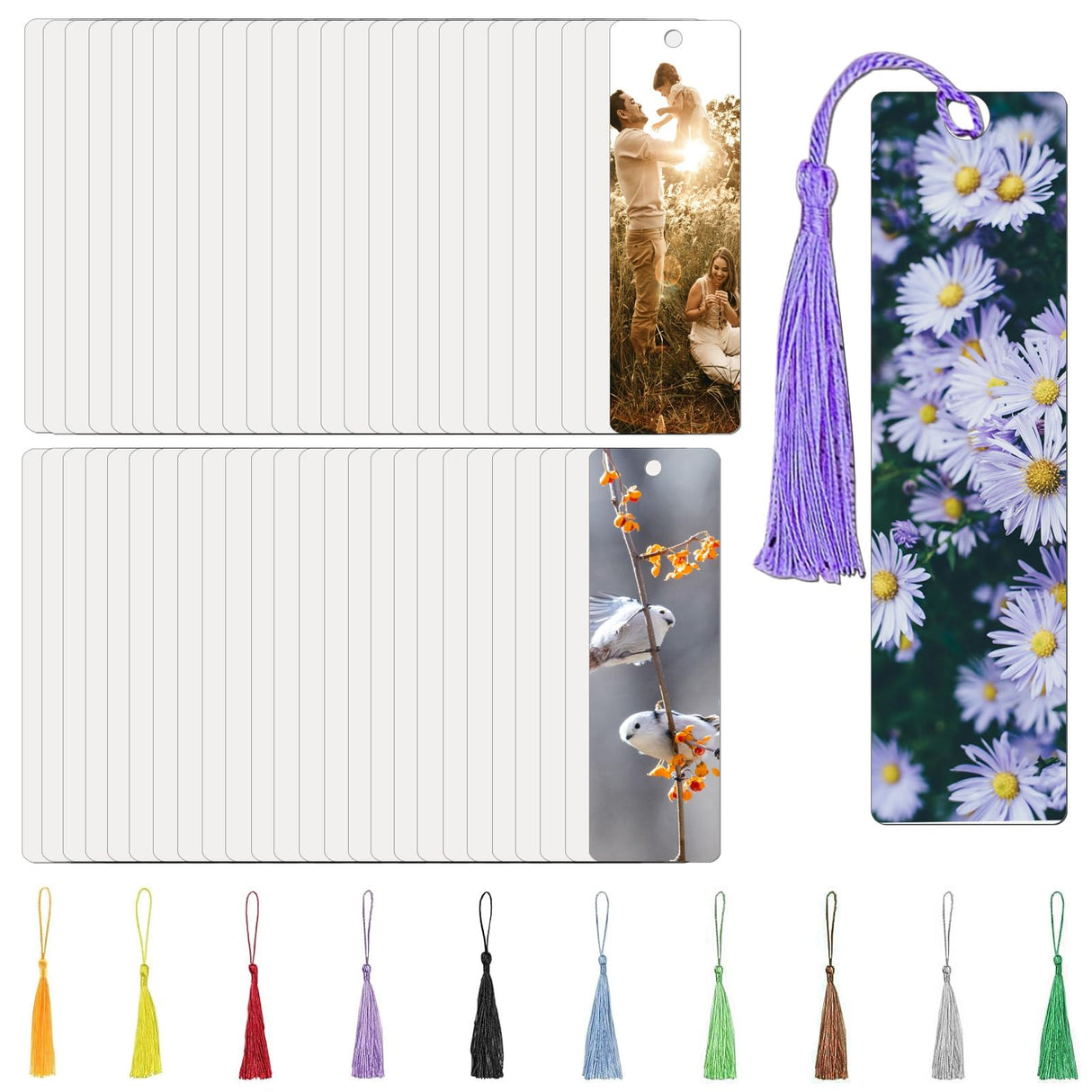 50 Pcs Sublimation Bookmarks Double Sided, 6" x 1.5" Sublimation Bookmark Blank Bulk Plastic Sublimation Blanks DIY Bookmarks with Hole and Colorful Tassels for Crafts Gift (Ultra Thin Plastic) ToBeAce