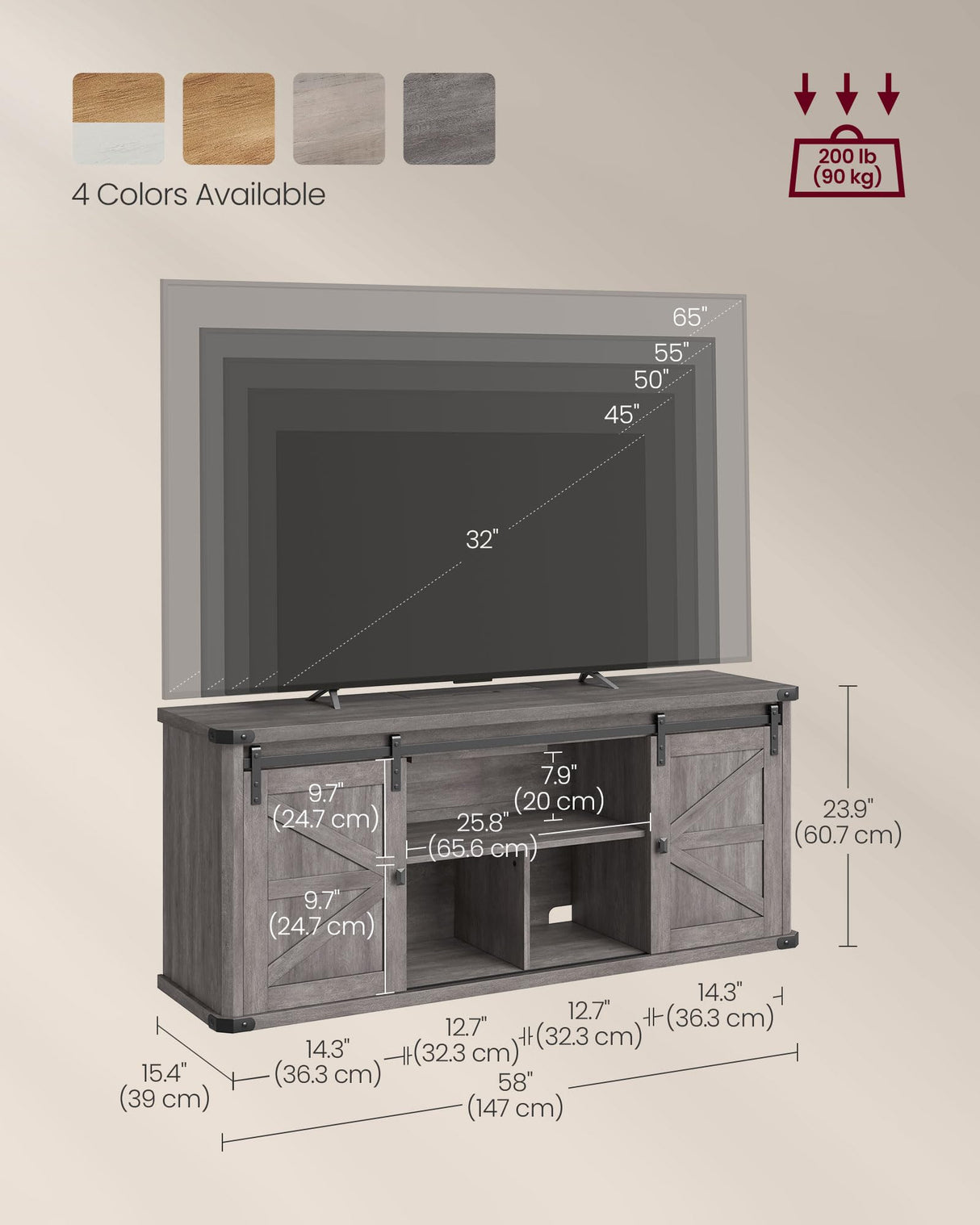 VASAGLE TV Stand for TVs up to 65 Inches, Farmhouse Entertainment Center with Sliding Barn Doors, TV Console Table for Living Room, Misty Gray ULTV324G68 VASAGLE
