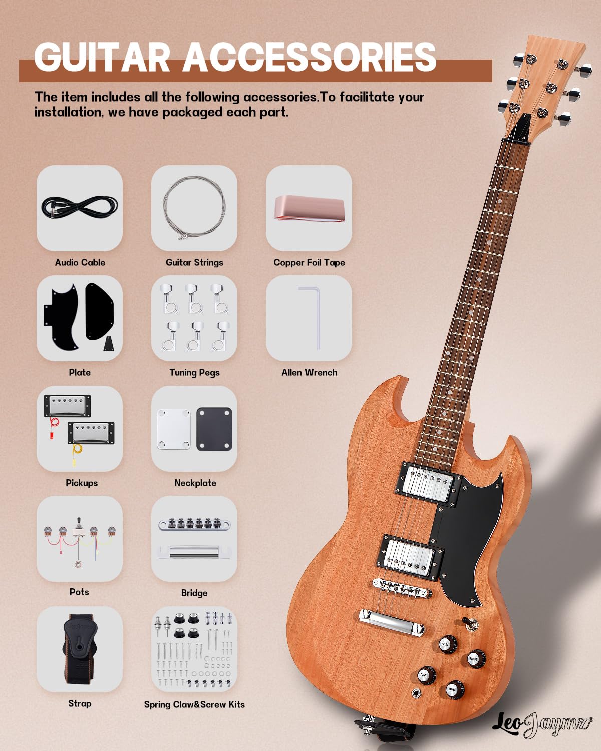 Leo Jaymz DIY Double Cut Electric Guitar Kits with Mahogany Body and Neck - Laurel Wood Fingerboard and All Components Included (DC) Leo Jaymz