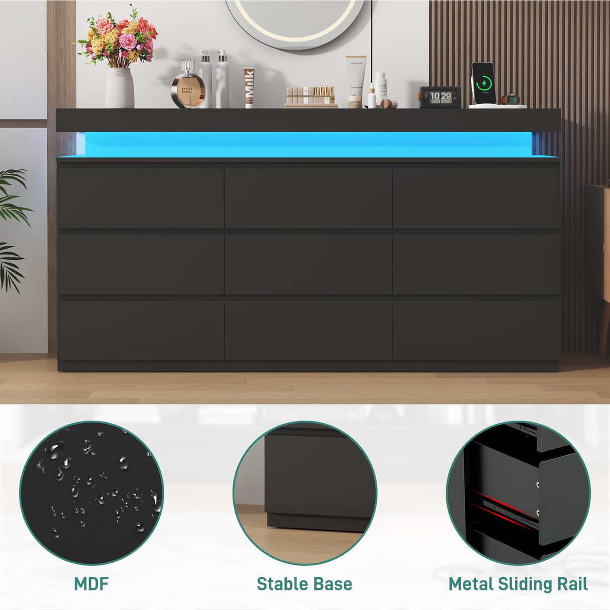 St.Mandyu 9 Drawer Dresser with Power Outlet, 63" Wide Dresser with LED Light, Modern Chest of Drawers for Closet, Double Drawer Organizer Cabinet for Bedroom, Living Room, Black St.Mandyu