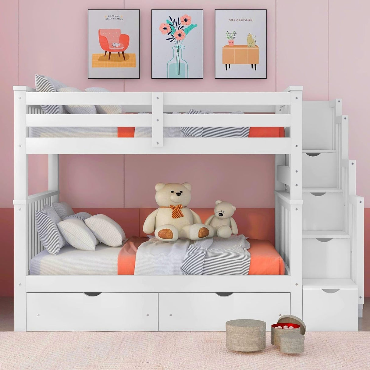 MERITLINE Full Over Full Convertible Bunk Bed with Storage Stairs, Storage Shelves and Drawers,Solid Wood Detachable Bunk Bed with Bookcase and Ladder for Adults,No Box Spring Needed (White) MERITLINE