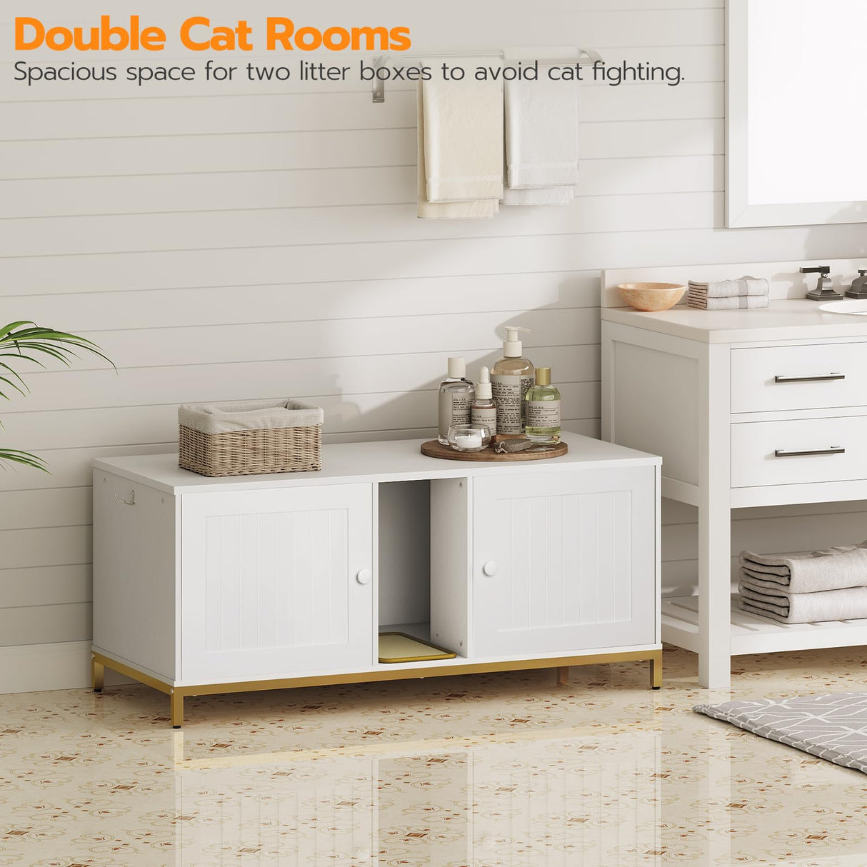 HOOBRO 44" Cat Litter Box Enclosure for 2 Cats, Double Cat Litter Box Furniture Hidden, TV Stand Litter Box Enclosure with Cat Scratching Mat, Cat House, Cat Washroom Cabinet, White, Gold DW20MW01 HOOBRO