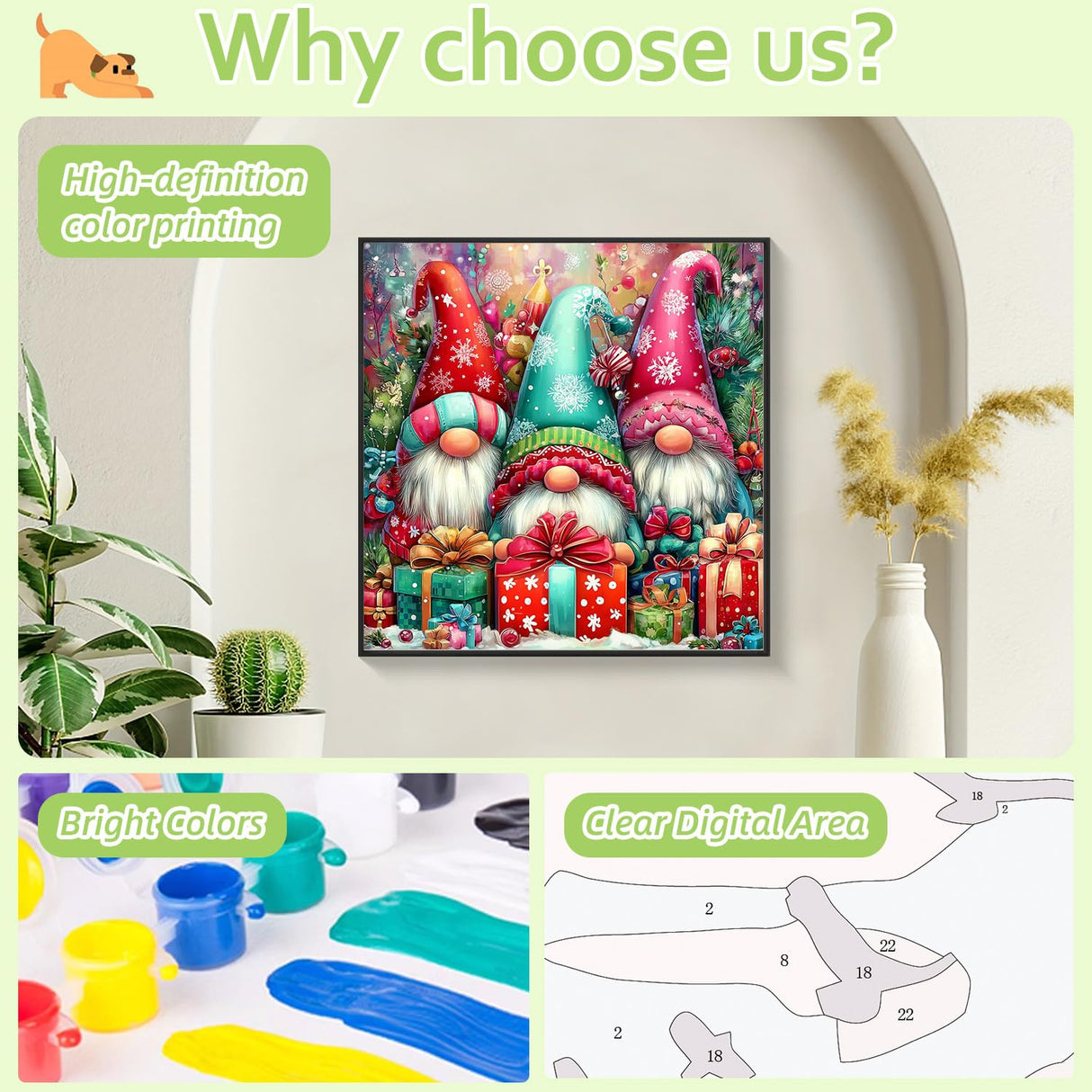 Reivworl Christmas Paint by Numbers Kit for Adults Beginners, Gnome Paint by Numbers, Adult Paint by Number Kits for Gifts and Home Wall Decor 16x16 Inch Reivworl