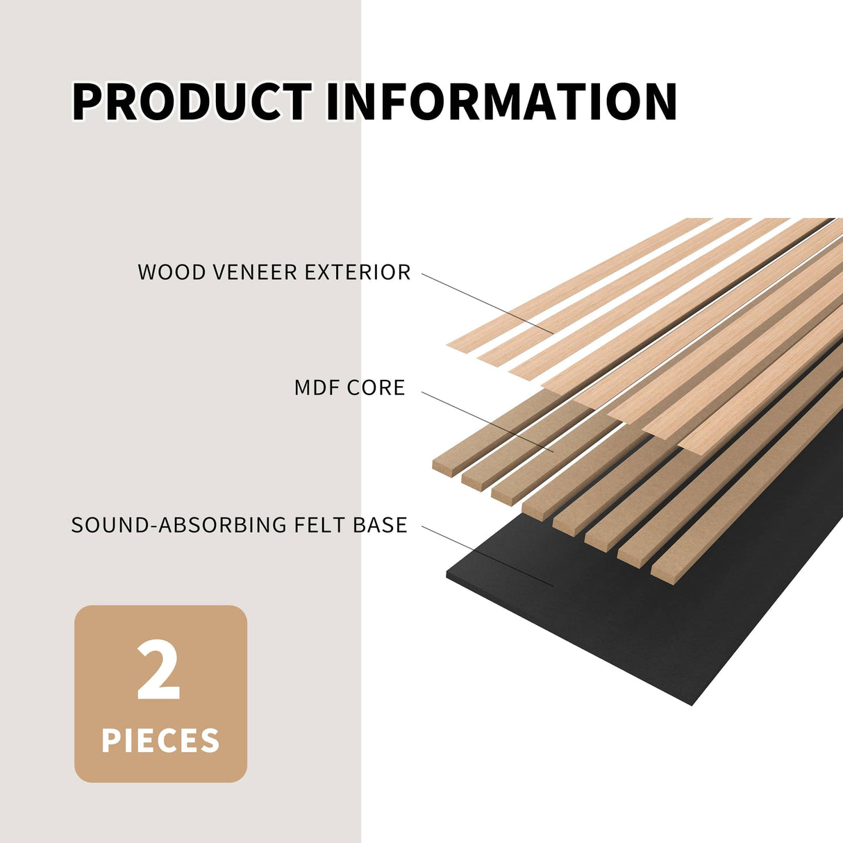 POHARE Wood Slat Wall Panels, 2 Pack Accent Decorative Acoustic Wood Slats for Wall and Ceilings, Acoustic Panels for Interior Wall Décor on Felt Back Board, Oak, 8 x 1 ft POHARE