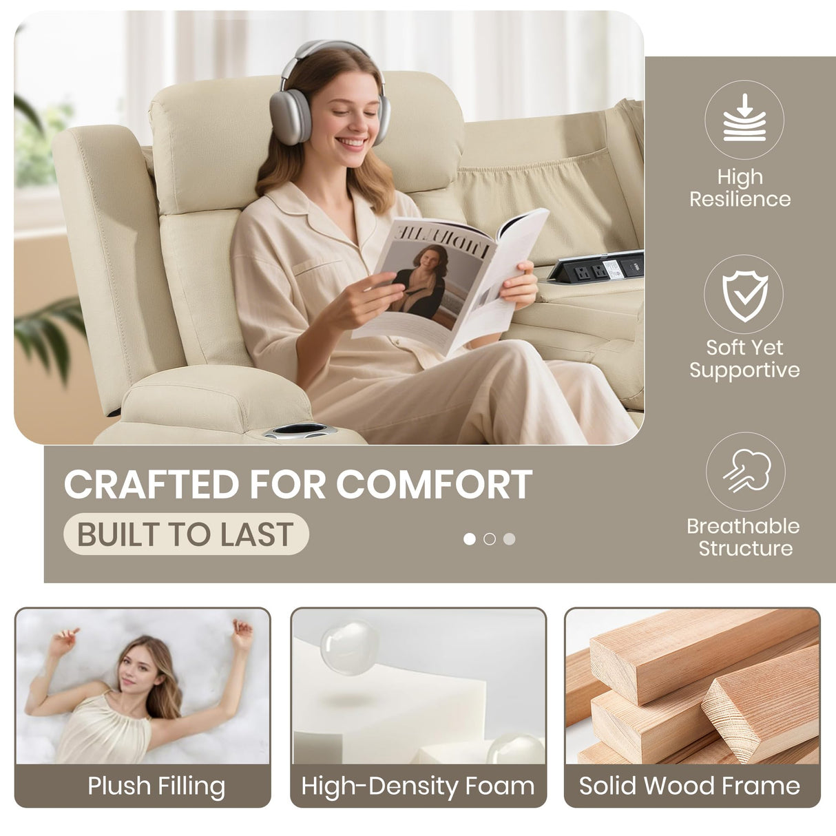 CALIVIA Wall Hugger Power Reclining Sofa with Manual Adjustable Headrests, Electric Recliner Couch with Drop-Down Table, Power Recliner Sofa 3-Seater with Charging Ports for Living Room (Beige) CALIVIA