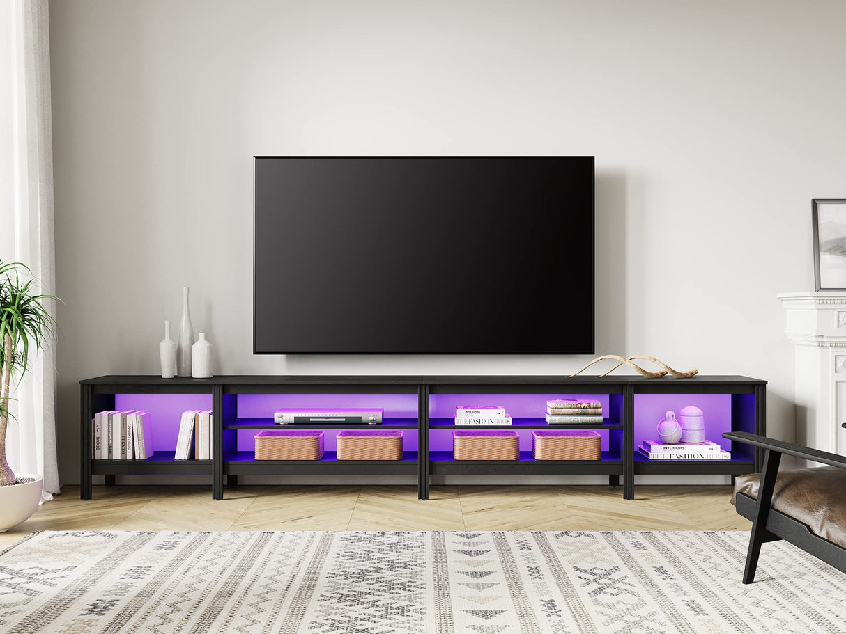 WAMPAT TV Stand for 100 Inch TV with 16 Changable LED Lights, Black Entertainment Center for 80 85 90 inch TV Console Table with 6 Cubby Storage for Living Room Bedroom, 95 inch WAMPAT