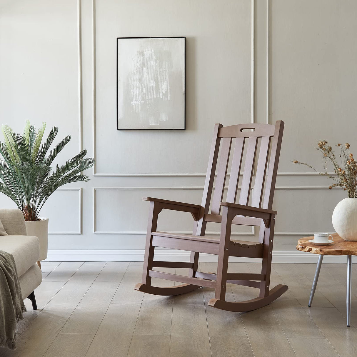 Psilvam Patio Rocking Chair, Oversized Poly Lumber Porch Rocker with High Back, Easy-Assemble Poly Rocker Chair for Both Outdoor and Indoor, Relaxing Gift for Parents (Brown) Psilvam