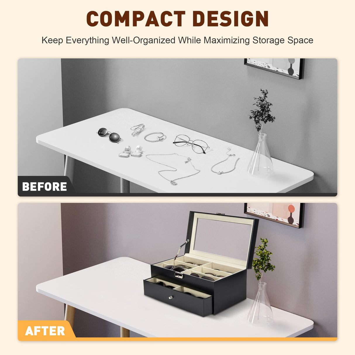 CO-Z Sunglasses Organizer with 12 Slots, Multiple Eyeglasses Eyewear Display Case for Women Men, 2 Story Leather Multi Sunglasses Jewelry Collection Holder with Drawer CO-Z