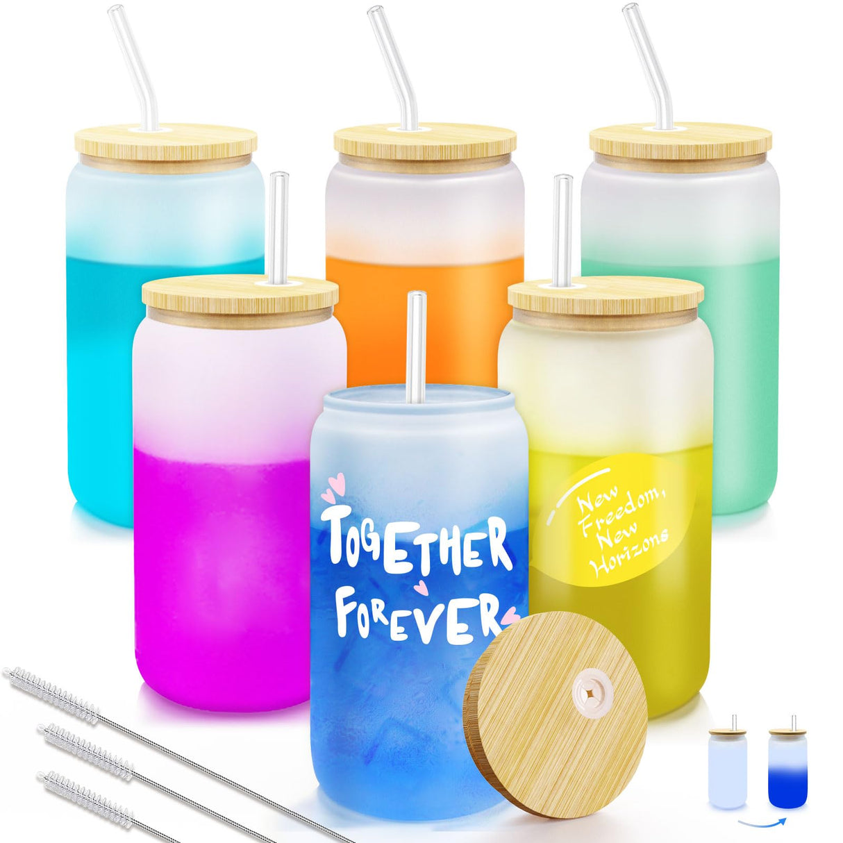 Color Changing Sublimation Glass Cups with Lids and Straws,16oz Frosted Sublimation Glass Can,Glass Cup with Bamboo Lid and Straw,Beer Can Glasses/iced Coffee Tumbler/Soda Drinking Cup,Funny Gifts Homegician