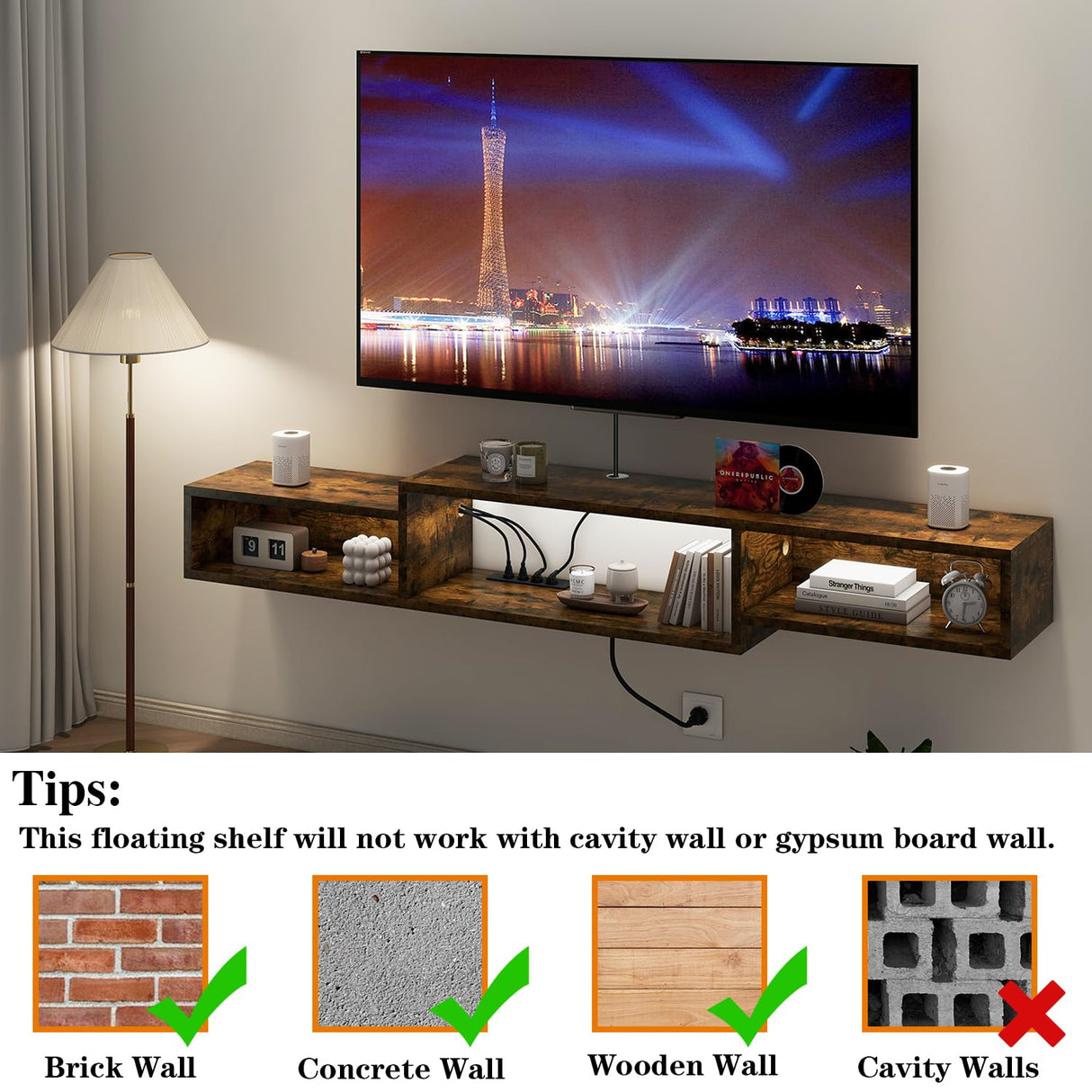 IBUYKE 71" Floating TV Stand Wall Mounted with Power Outlet,Wood Wall Mounted Media Console Shelf,Floating Entertainment Center for Under TV Storage for Living Room Bedroom Office,Rustic Brown WST008H IBUYKE