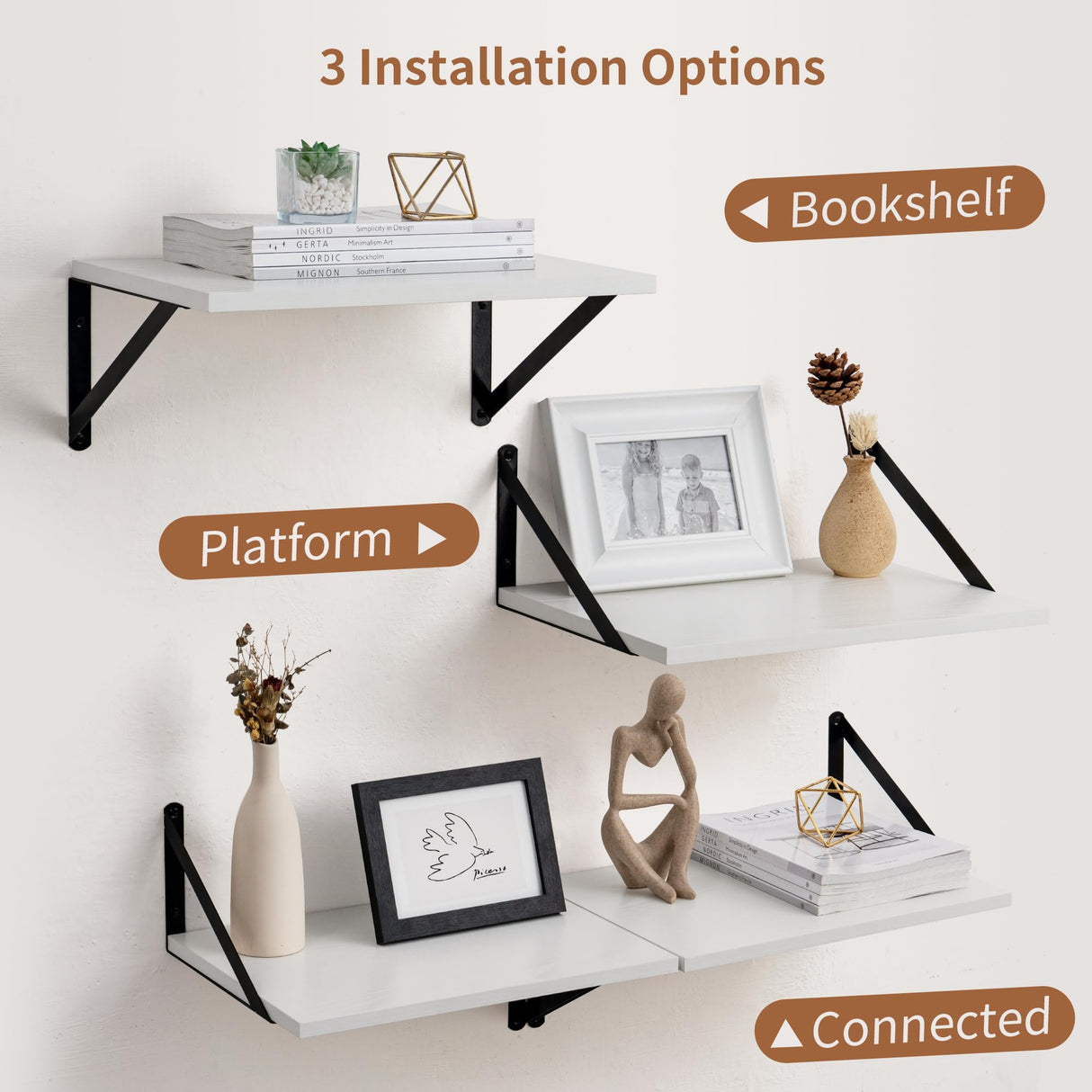 Axeman Deep Floating Shelves for Wall, 12 Inch Deep White Floating Shelves Set of 2, 16W x 12D Wide Wood Shelves Set of 2, Wall Mounted Shelves for Wall Storage Decor Axeman